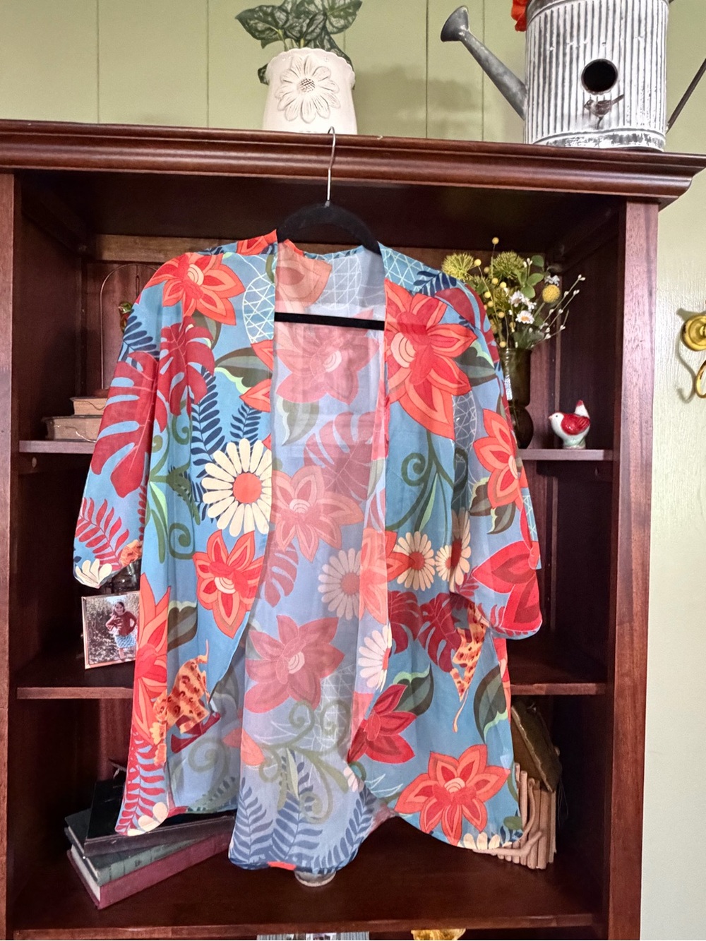 Floral Blue & Coral Open Front Kimono
